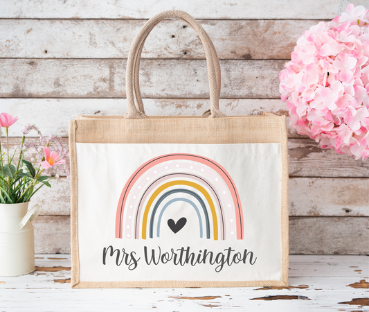 Personalised Rainbow Design Teacher Tote Bag